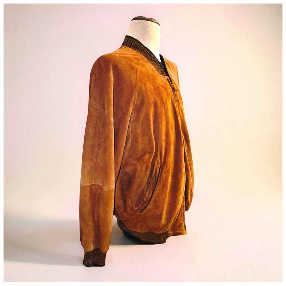 Bijan Men’s Goatskin Suede Bomber Jacket Caramel Cognac Rib Knit Luxury | Large - Picture 4 of 13